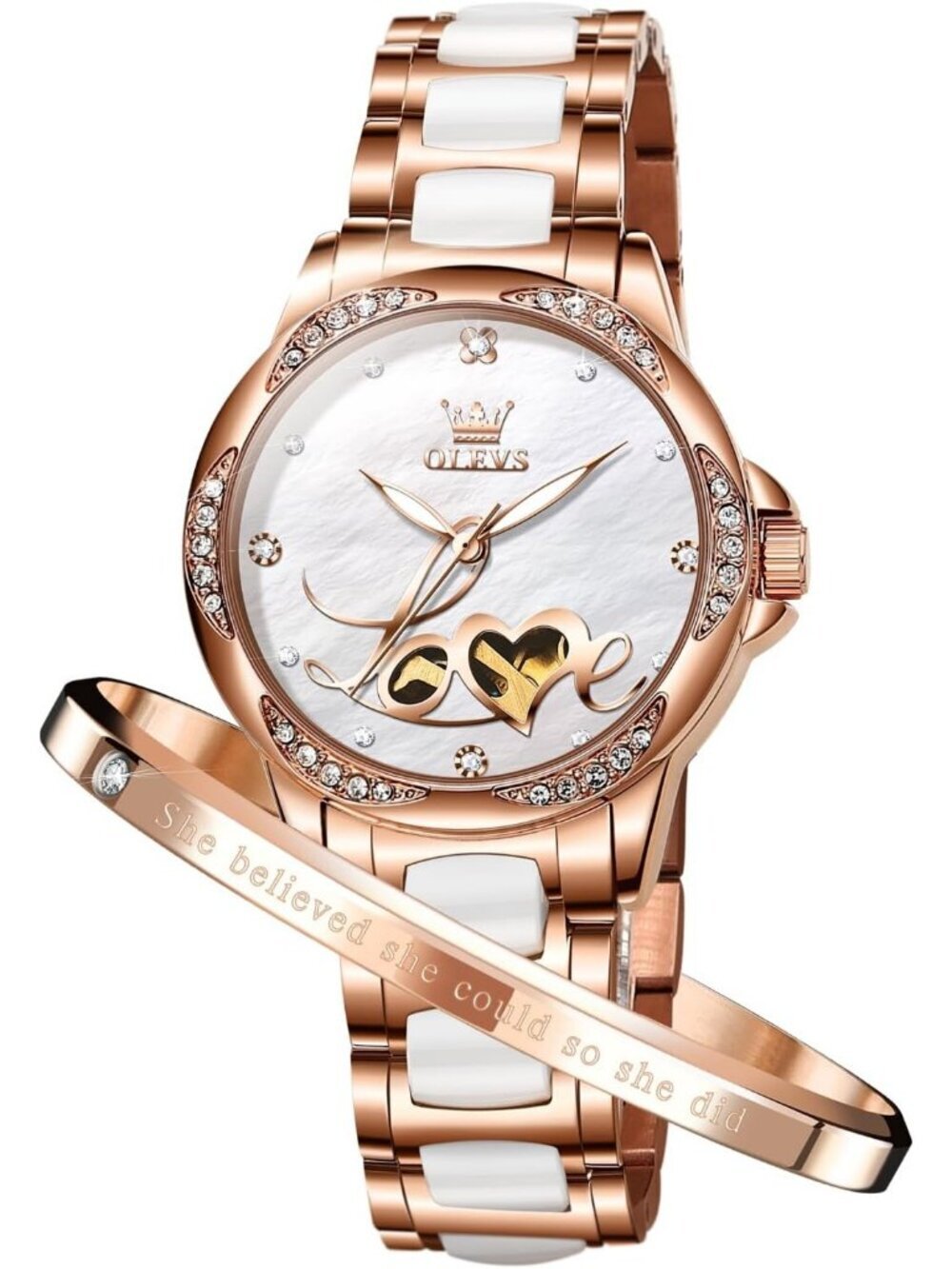 Olevs Women's White Butterfly Skeleton Diamond Rose Gold Automatic Luxury Watch